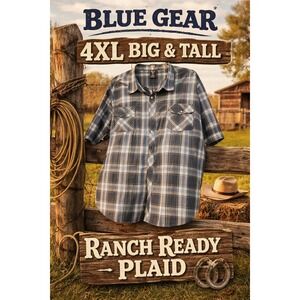 Blue Gear Ranch Ready Plaid Shirt Mens 4XL Big & Tall Short Sleeve Button Down